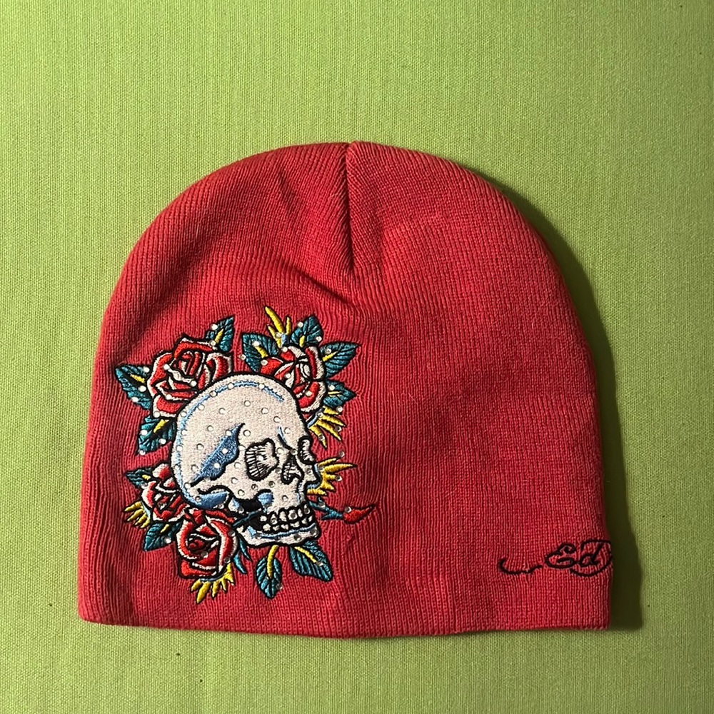 Ed Hardy Pink Bedazzled Knit Beanie Skull And Roses Embroidery